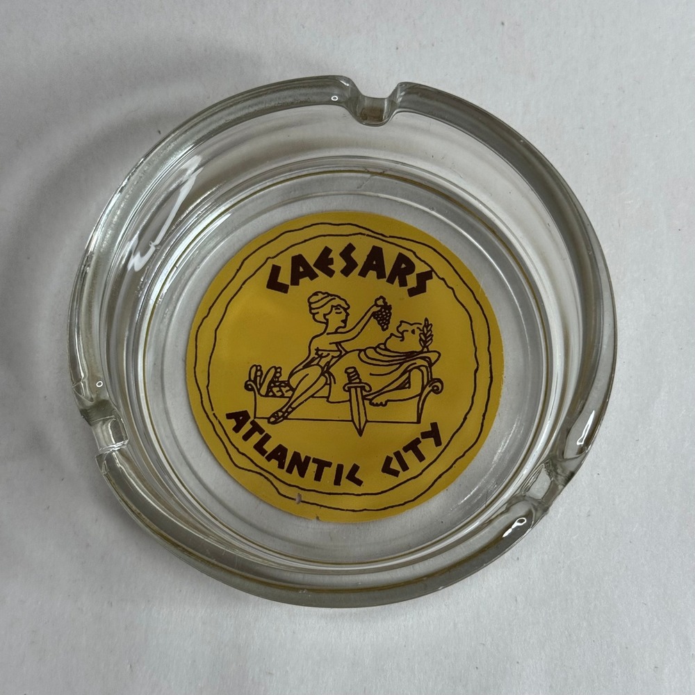 Vintage Caesars Atlantic City Glass Ashtray Yellow Logo Casino Tobacciana